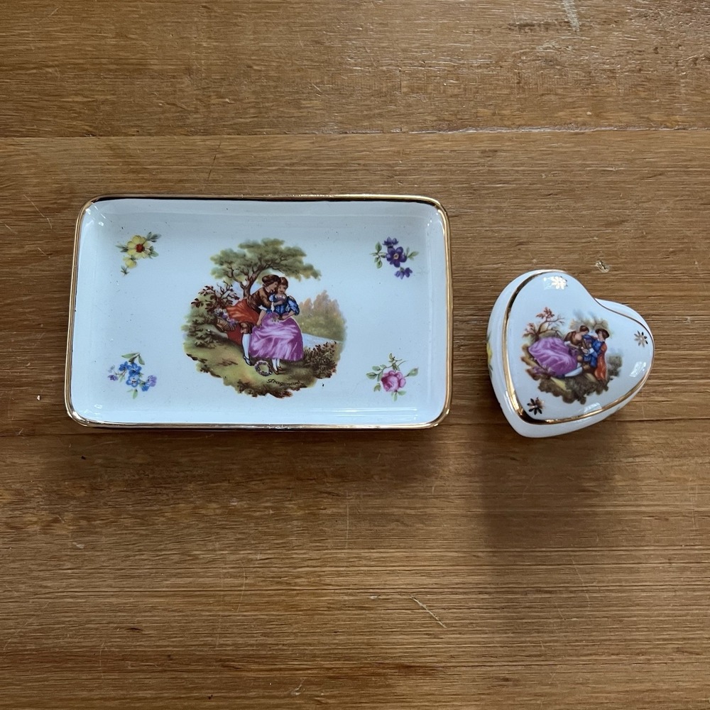 Vintage Limoges France Porcelain Trinket Tray Heart Box Floral Courting Scene